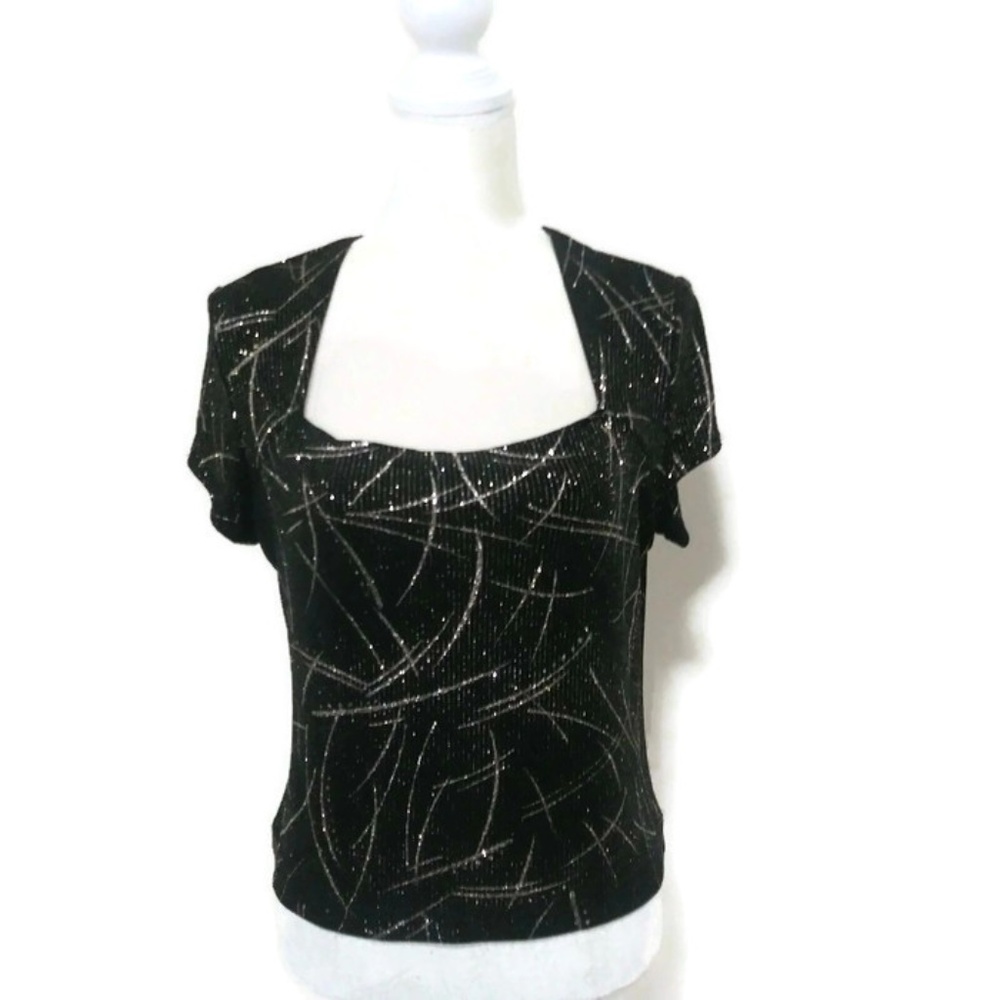 1980's RONNI NICOLE Ouida Black Silver Gold Top MP